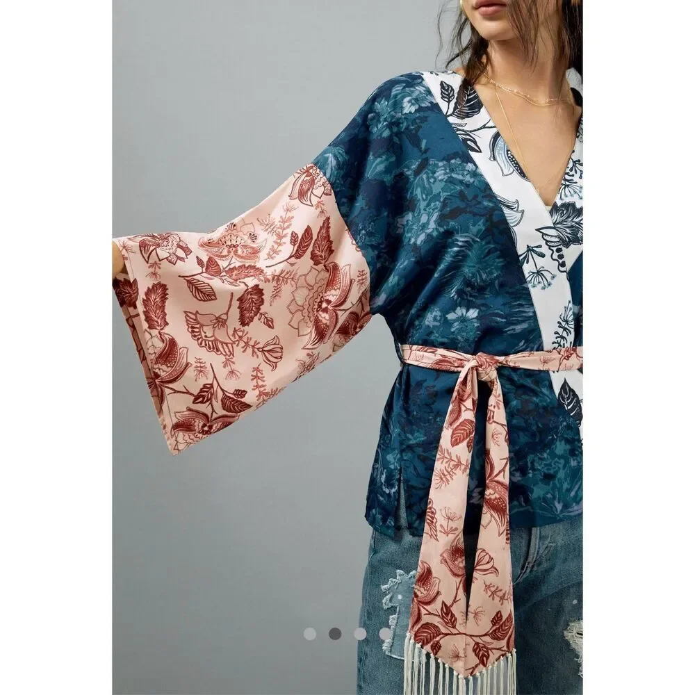 Anthropologie Tori Floral Cropped Belted Kimono Blue Multi One Size - Picture 4 of 13